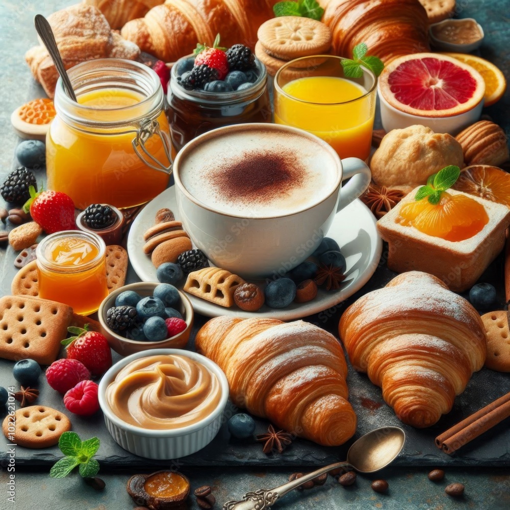 Delicious Breakfast Spread with Coffee, Croissants, Bread Buns, and Juice, Ready on the Table Delicious Breakfast Spread with Coffee, Croissants, Bread Buns, and Juice, Ready on the Table