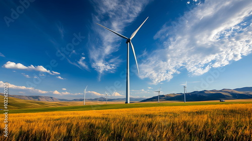 A wind energy facility in a vast open field contributing to green infrastructure and renewable energy transition photo