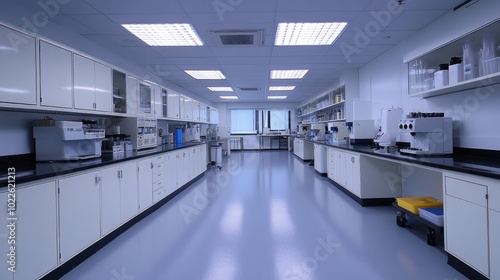 A clean and modern laboratory with stainless steel countertops, white cabinets, and fluorescent lighting.