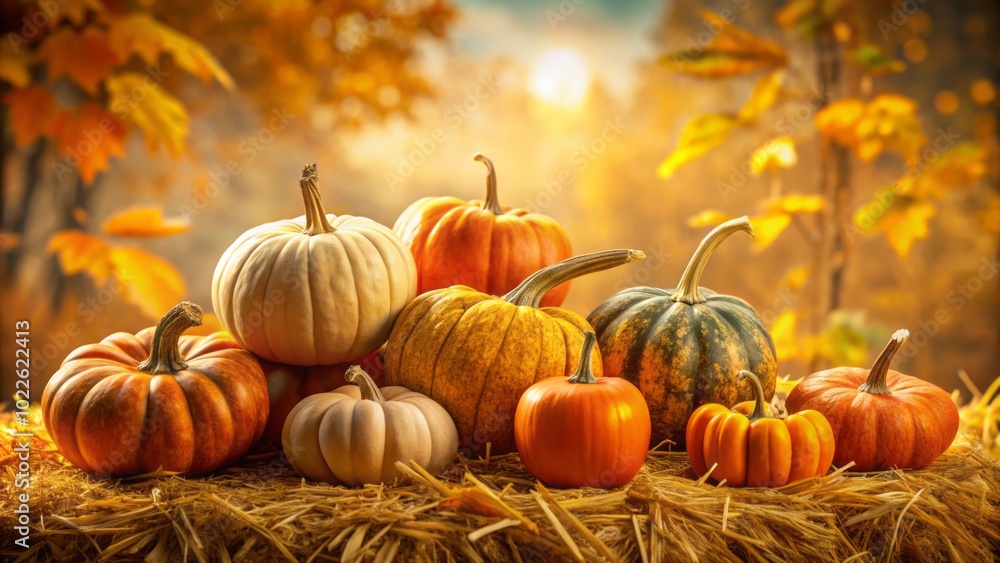 Capture the essence of fall with a charming display of colorful pumpkins nestled against a textured straw background, inviting warmth and seasonal joy for photography. Capture the essence of fall with a charming display of colorful pumpkins nestled against a textured straw background, inviting warmth and seasonal joy for photography.