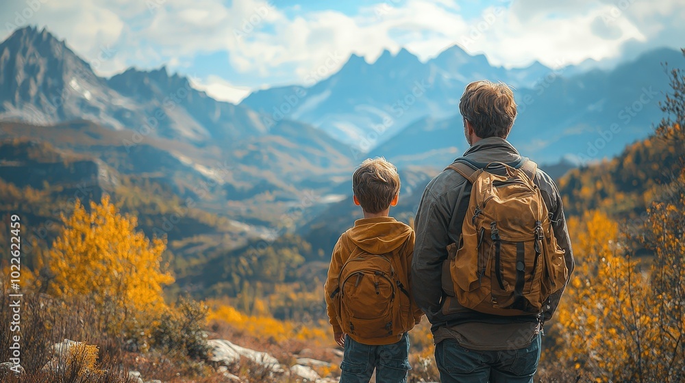 A man and a boy admire a scenic mountain view together, enjoying nature. A man and a boy admire a scenic mountain view together, enjoying nature.