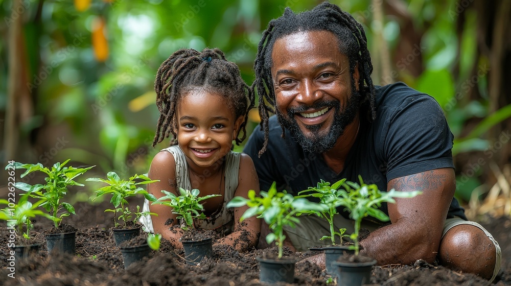 A joyful moment of a man and a girl planting seedlings together in a lush garden. A joyful moment of a man and a girl planting seedlings together in a lush garden.