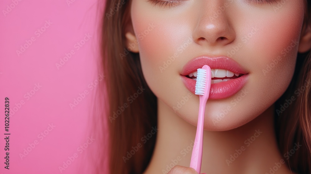 Close-up portrait of a young woman brushing her teeth with a pink toothbrush against a pink background. Close-up portrait of a young woman brushing her teeth with a pink toothbrush against a pink background.
