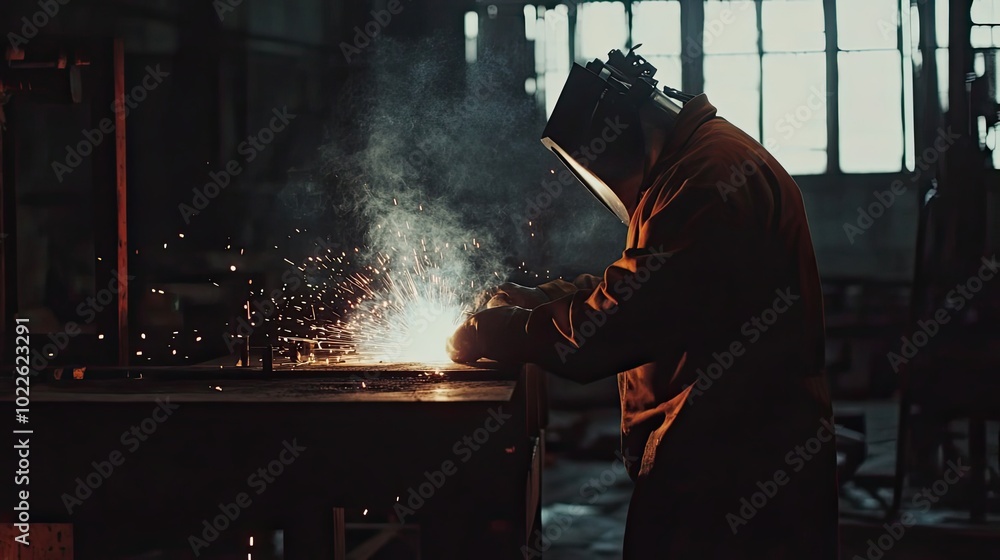 A welder wearing a protective mask works with sparks flying A welder wearing a protective mask works with sparks flying