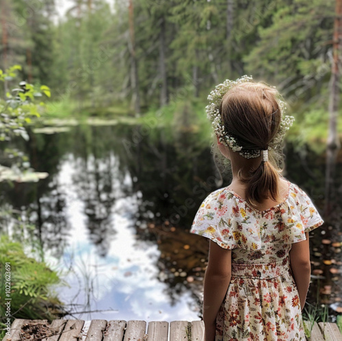 a young swedish girl standing on a pier, looking at a small swedish lake in the middle of the forest, wearing traditional flowers in the hair, and a summer dress photo