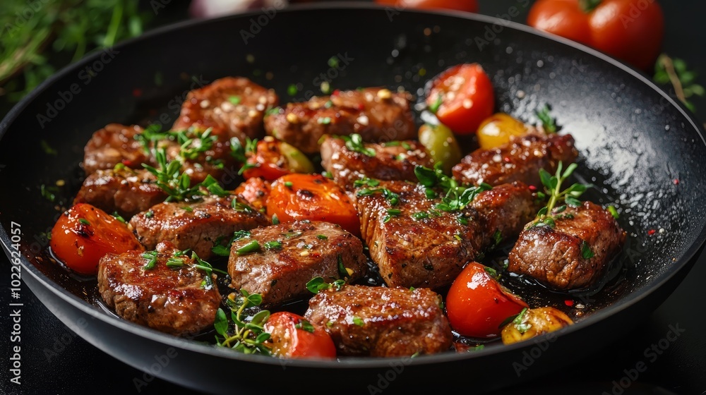 A close-up shot of a skillet filled with cooked steak bites and cherry tomatoes, seasoned with thyme and garlic. A close-up shot of a skillet filled with cooked steak bites and cherry tomatoes, seasoned with thyme and garlic.