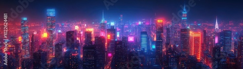 Wallpaper Mural Neon-lit virtual city, seen from a drone's-eye view, with glowing streets and buildings Torontodigital.ca