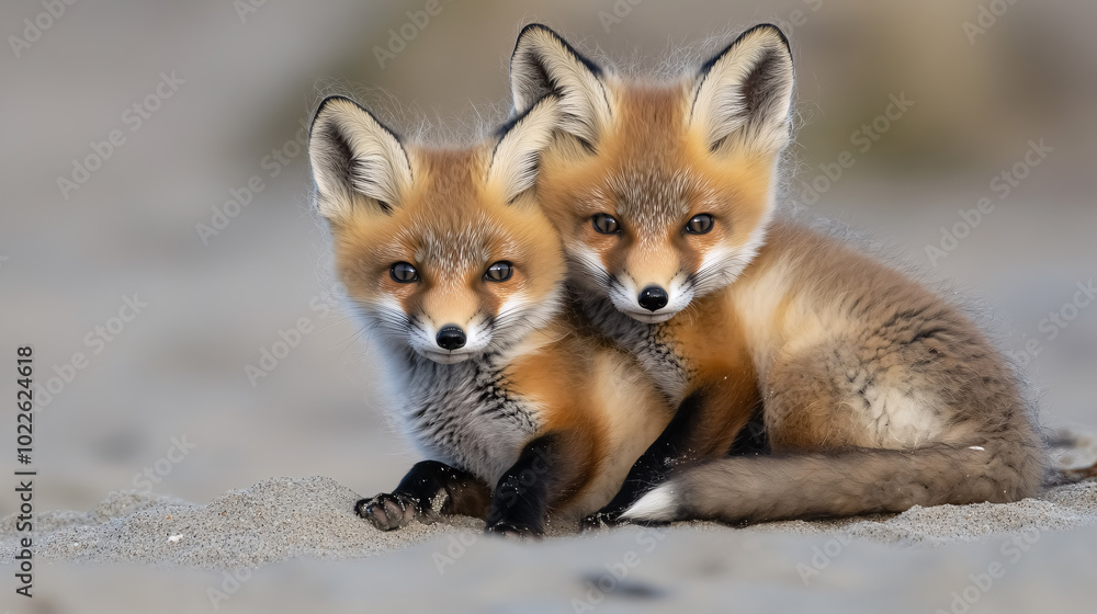Obraz premium Wild Baby Red Foxes Cuddling: Wild baby red foxes cuddling on the beach in Nova Scotia, Canada, from June 2020.