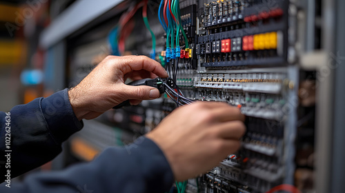 A highly realistic close-up shot of a technician maintaining an electrical panel, showcasing precise and professional work. The image emphasizes the importance of safety, technical skill, and expertis photo