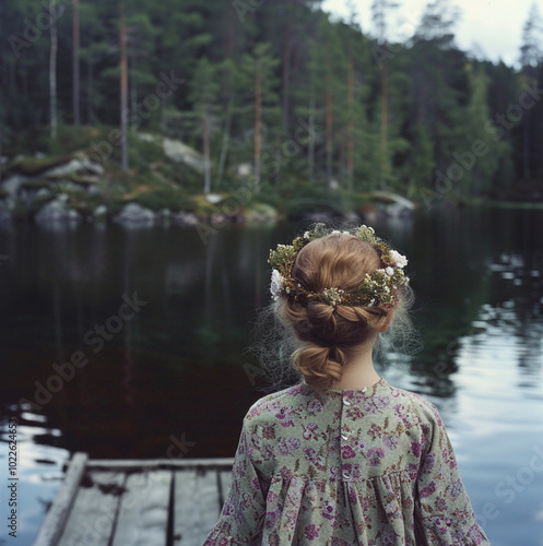 a young swedish girl standing on a pier, looking at a small swedish lake in the middle of the forest, wearing traditional flowers in the hair, and a summer dress photo