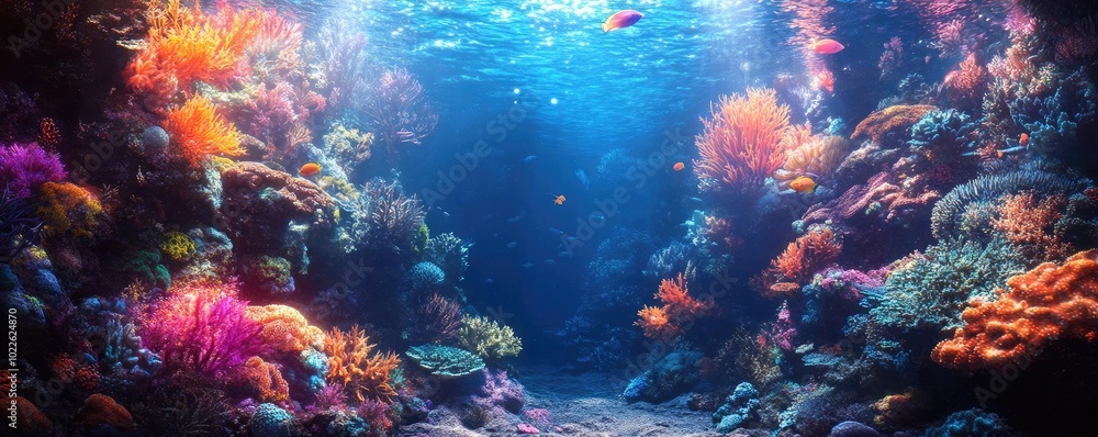 Fototapeta premium Virtual aquarium, with glowing digital fish and coral reefs