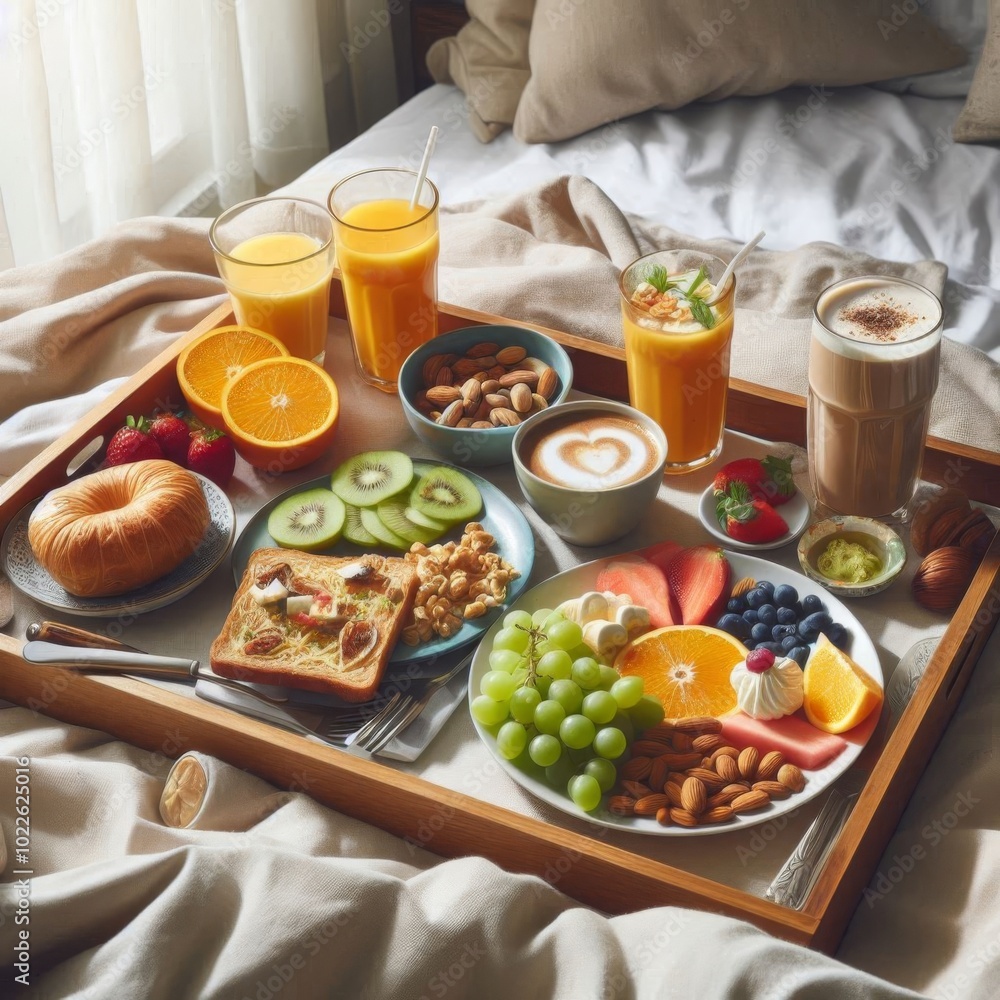 Healthy Breakfast Tray on Bed, Featuring Nutritious Foods and Refreshing Drinks for a Cozy Morning Healthy Breakfast Tray on Bed, Featuring Nutritious Foods and Refreshing Drinks for a Cozy Morning