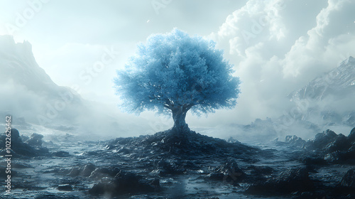 A striking and surreal blue and white tree stands alone in the center of a charred, barren landscape, evoking a powerful contrast between destruction and resilience. This visually stunning scene empha photo