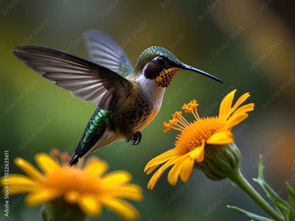 Fototapeta premium A hummingbird is flying over some flowers and the bird is flying away