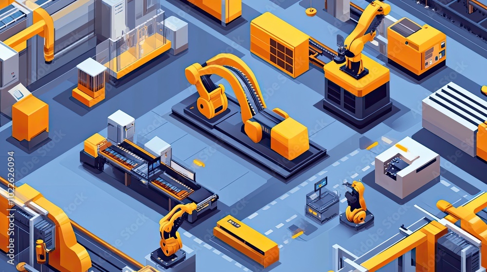 An isometric illustration of a futuristic factory with robotic arms and automated production lines An isometric illustration of a futuristic factory with robotic arms and automated production lines