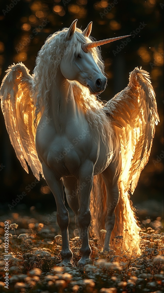 Majestic white unicorn with golden wings standing in sunny forest clearing. Fantasy, magic, and mythical creatures inspiring imagination and wonder. Majestic white unicorn with golden wings standing in sunny forest clearing. Fantasy, magic, and mythical creatures inspiring imagination and wonder.
