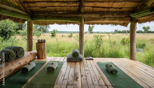 Scenic outdoor wellness retreat featuring arranged yoga mats for tranquil mindfulness practice