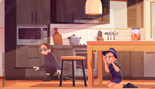 Cute teen children dressed as spy in black clothes, hat and glasses in home kitchen room. Teenage girl cautiously crawl to closet while boy sit under dining table and imitate binocular with hands.