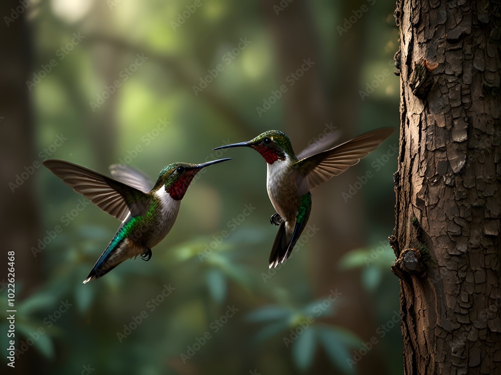 Fototapeta premium A hummingbird is flying over some flowers and the bird is flying away