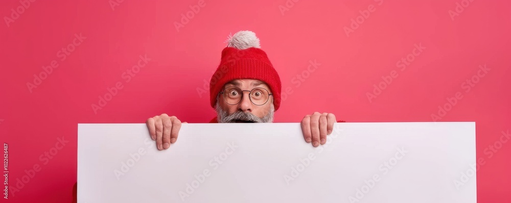 Curious man in a red hat with glasses holding a white board against a pink background. Great for advertising, promotions, and playful announcements. Curious man in a red hat with glasses holding a white board against a pink background. Great for advertising, promotions, and playful announcements.