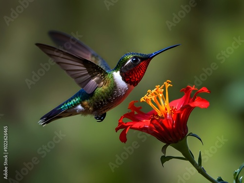 A hummingbird is flying over some flowers and the bird is flying away