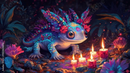 A colorful, whimsical creature surrounded by candles and flowers, creating an enchanting and magical atmosphere in the dark.