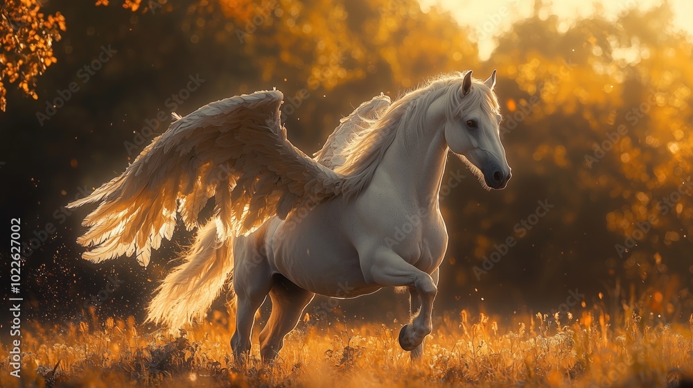 Majestic white pegasus soars in golden sunlight amidst autumn forest scenery. fantasy, myth, and magical creatures in enchanting natural settings. Majestic white pegasus soars in golden sunlight amidst autumn forest scenery. fantasy, myth, and magical creatures in enchanting natural settings.