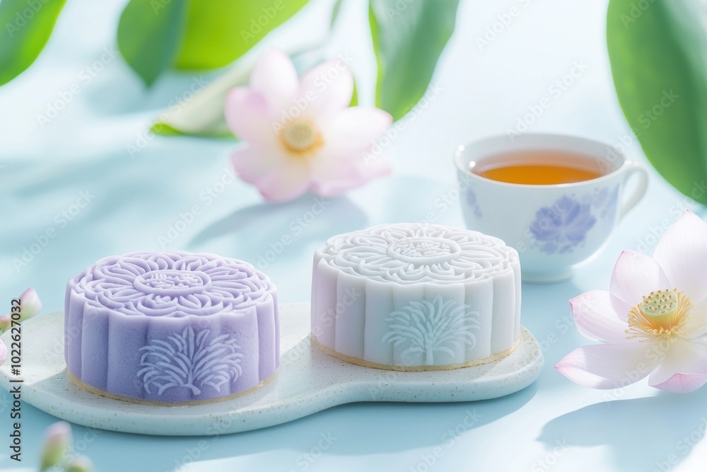 Elegant mooncakes with floral designs and tea on a pastel background. perfect for celebrating mid-autumn and appreciating traditional delicacies. Elegant mooncakes with floral designs and tea on a pastel background. perfect for celebrating mid-autumn and appreciating traditional delicacies.