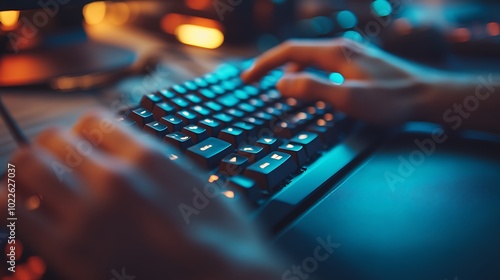 Close-up of hands typing on a mechanical keyboard in a low-lit room, soft green ambient light accentuating the keys, perspective shot from above,