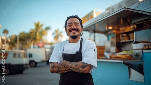 Fototapeta Naklejka Na Ścianę i Meble -  Cheerful chef posing for photos in front of a food truck. In a contemporary setting, a commercial truck is serving street cuisine.