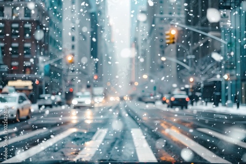 Snowy city street scene with cars and buildings enveloped in a soft winter haze.urban winter atmosphere conveying serenity and motion in a bustling city environment.