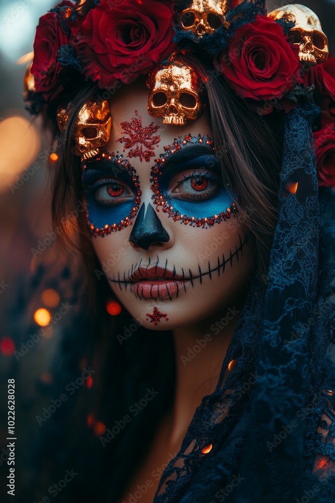 The woman showcases elaborate face paint in a traditional Day of the Dead style, with roses and skulls, surrounded by twinkling lights that enhance the festive mood The woman showcases elaborate face paint in a traditional Day of the Dead style, with roses and skulls, surrounded by twinkling lights that enhance the festive mood
