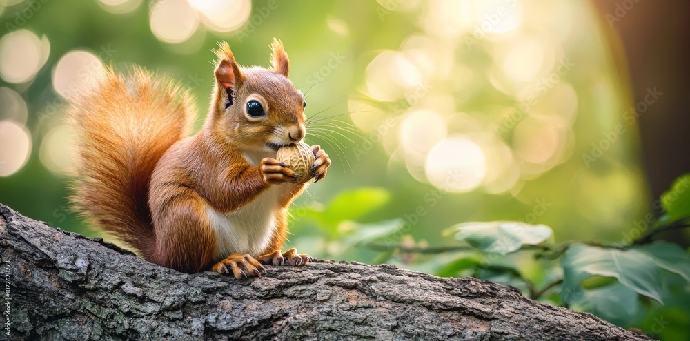 A cute red squirrel sits on a tree branch and eats a nut. The squirrel is looking at the camera with a curious expression. The background is a beautiful bokeh of green leaves and sunlight.