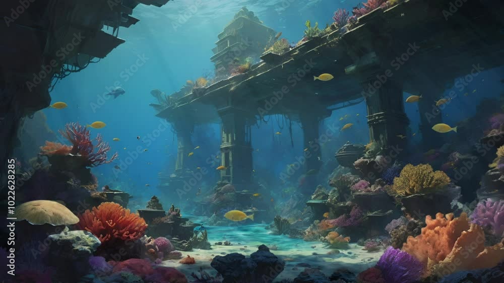 A view of underwater life with coral reefs teeming with colourful fish ...