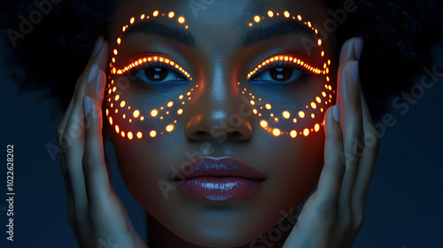 Close-up Portrait of a Woman with Glowing Dotted Makeup on Her Face