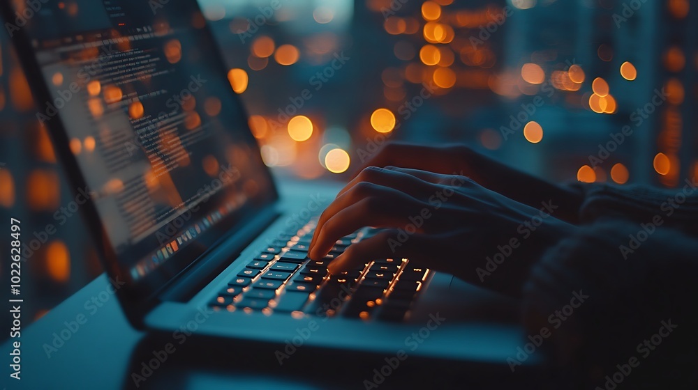 Close-up of hands typing on a sleek laptop keyboard, illuminated by soft ambient light, blurred city lights glowing through a window in the background, focus on fingers and keys, cinematic lighting, Close-up of hands typing on a sleek laptop keyboard, illuminated by soft ambient light, blurred city lights glowing through a window in the background, focus on fingers and keys, cinematic lighting,