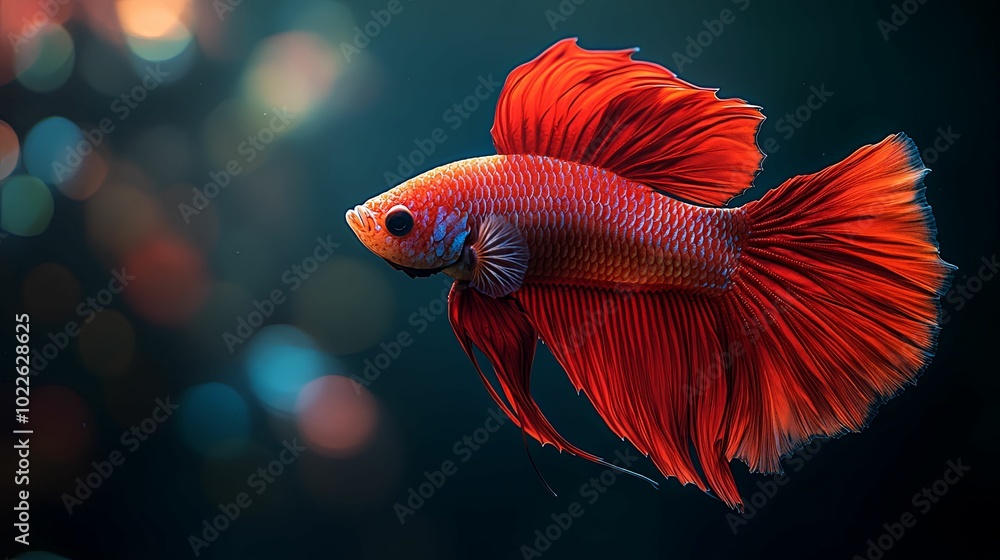 Vibrant Red Betta Fish with Flowing Fins and Bokeh Lights Vibrant Red Betta Fish with Flowing Fins and Bokeh Lights