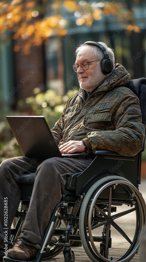 Elderly disabled man using a wheelchair, laptop, and headphones. Elderly disabled man using a wheelchair, laptop, and headphones.