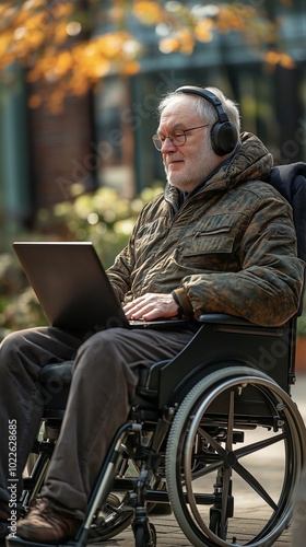 Elderly disabled man using a wheelchair, laptop, and headphones.