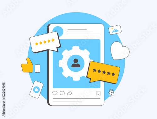 User-generated and influencer-generated content featuring visuals made by influencers for brands. Shows how authentic content helps promote brands and build trust with audiences. Vector illustration