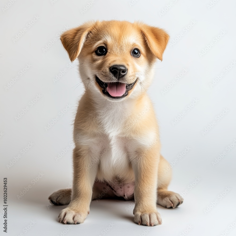 A cute, light brown puppy with a white chest sits facing the camera with its tongue sticking out and a big smile on its face. A cute, light brown puppy with a white chest sits facing the camera with its tongue sticking out and a big smile on its face.