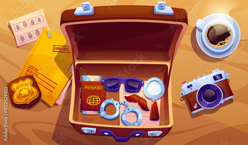 Detective or undercover agent character equipment. Cartoon vector investigator tools in open briefcase on table. Top view on confidential information in folder, camera, documents and handcuffs.