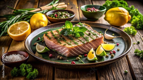 Wallpaper Mural Enjoy a succulent grilled tuna steak infused with a vibrant herb garlic lemon marinade. Experience the delightful fusion of flavors in this exquisite seafood dish. Torontodigital.ca