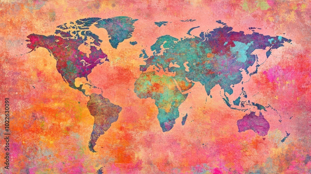 Naklejka premium A colorful world map illustration with a vibrant, artistic background.