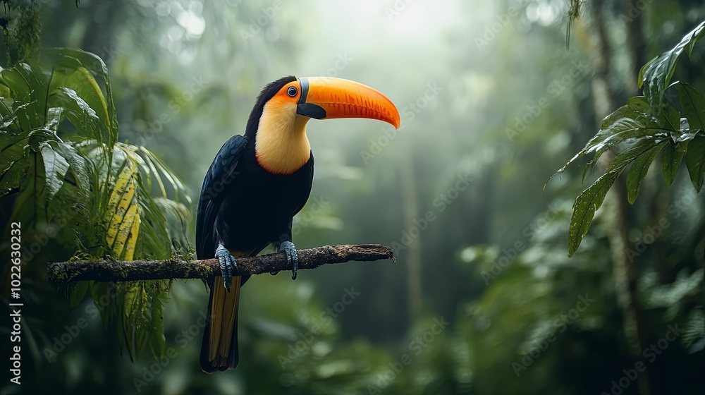 A Vibrant Toucan Perched on a Branch in a Lush Rainforest A Vibrant Toucan Perched on a Branch in a Lush Rainforest
