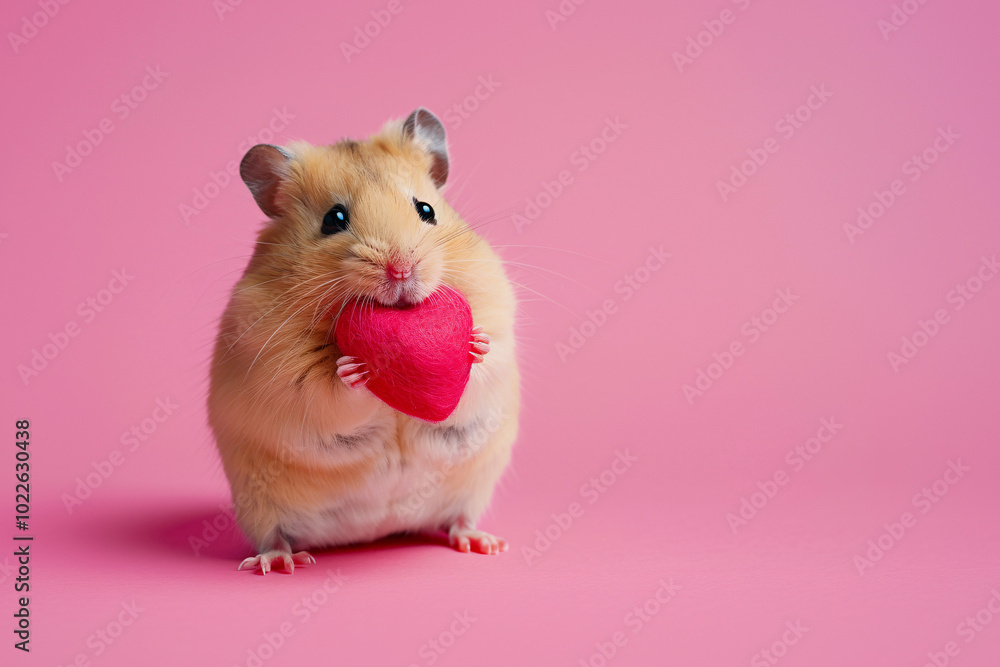 Cute hamster with Valentine eart in front of pink studio background Cute hamster with Valentine eart in front of pink studio background