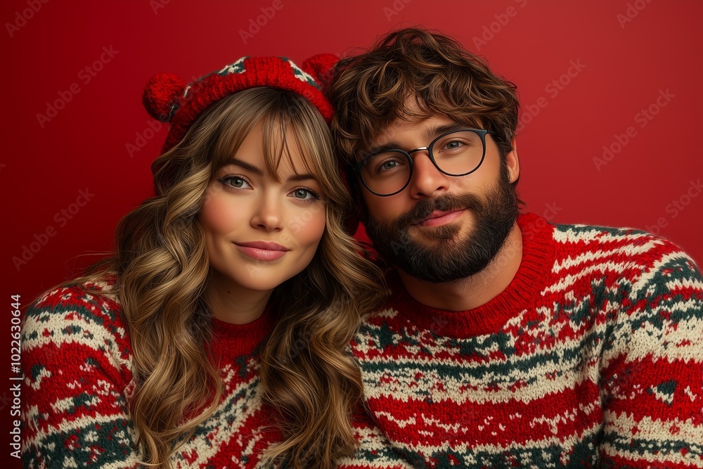 Photo of a couple wearing Christmas sweaters,on a solid red background. Photo of a couple wearing Christmas sweaters,on a solid red background.