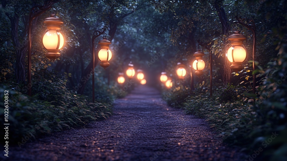 Mystical path lined with glowing lanterns at dusk Mystical path lined with glowing lanterns at dusk