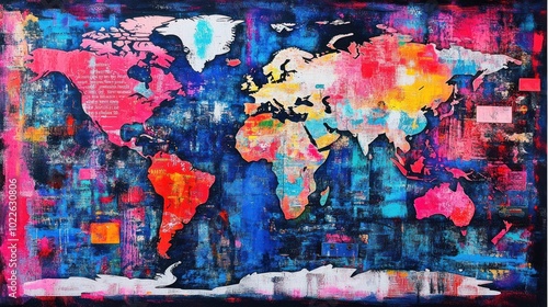 A colorful abstract world map highlighting global regions with vibrant hues and textures.