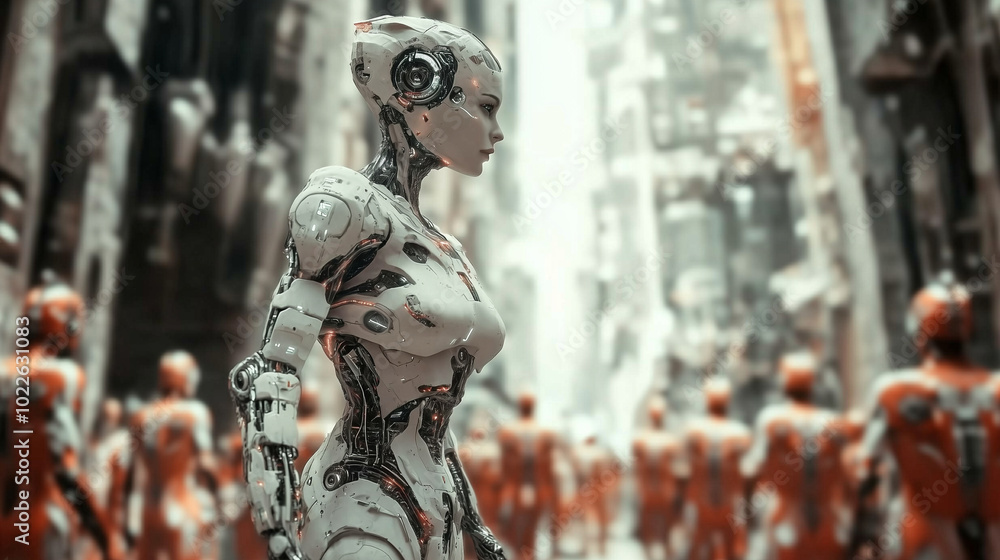 People in a futuristic sci-fi simulation world of androids, robots, cyborgs, biohacks, and avant-garde high-tech People in a futuristic sci-fi simulation world of androids, robots, cyborgs, biohacks, and avant-garde high-tech